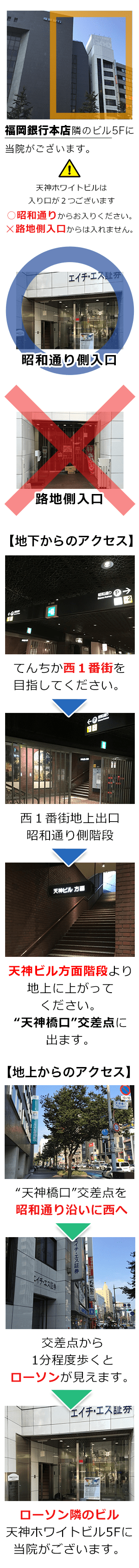 注意!!天神ホワイトビルは入り口が2つございます。ですが、路地側入口から来ていただいても、当院にはご来院出来ませんのでご注意下さい。※別テナントさんが入ってます。